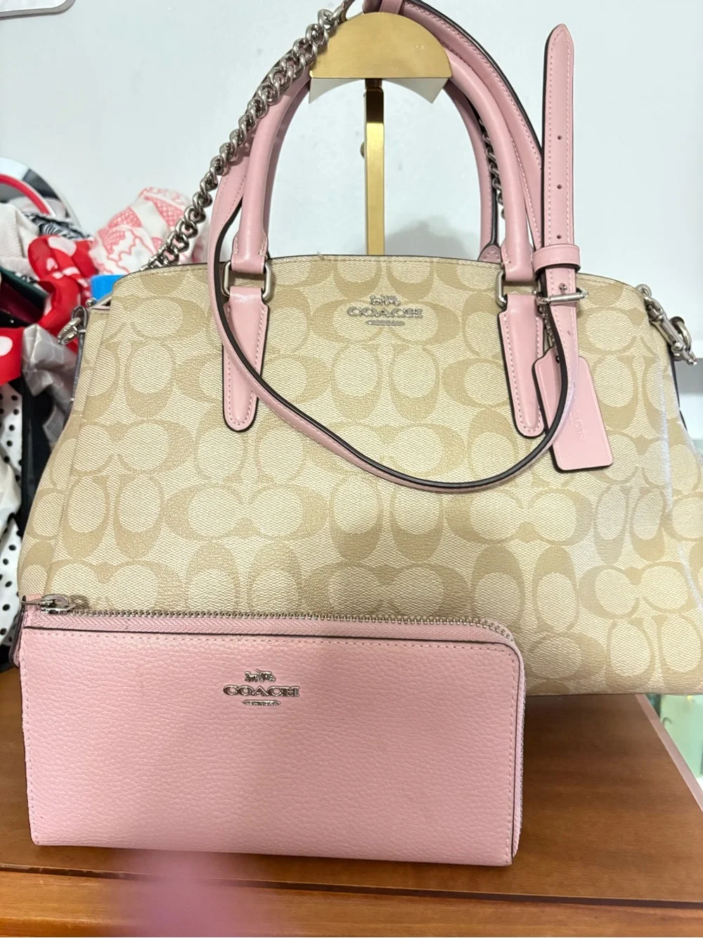 Coach Signature Canvas Satchel with Pink Leather Trim and Matching Wallet
